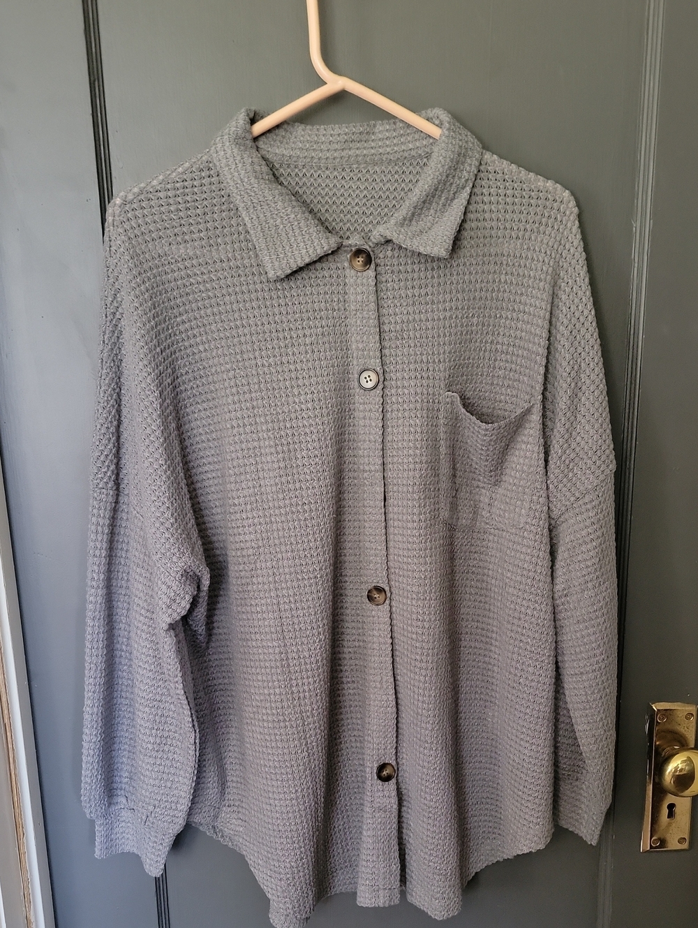 Waffle-Knit Gray Button Front Cardigan Shirt